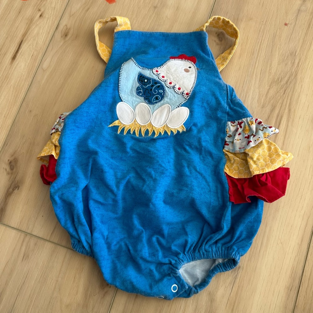 One of a kind Blue Baby Sun Suit with Chicken Design and ruffles